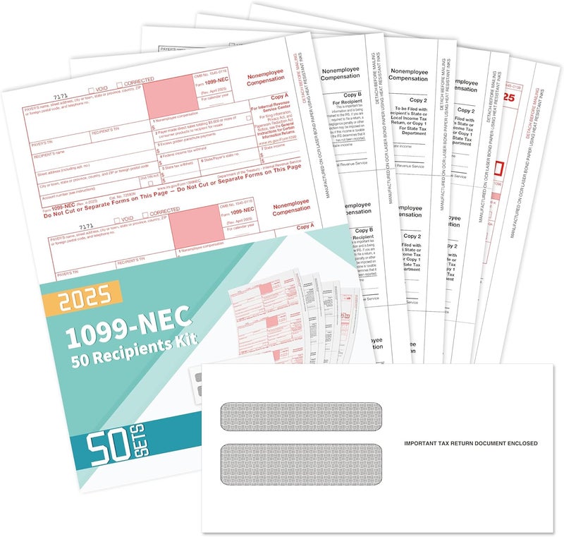 Yeplan 1099 NEC Forms 2025 with Envelopes, 50 2025 1099 NEC Tax Forms, 4 Part, with 50 Self Seal Envelopes with 3 1096 Included - Image 1